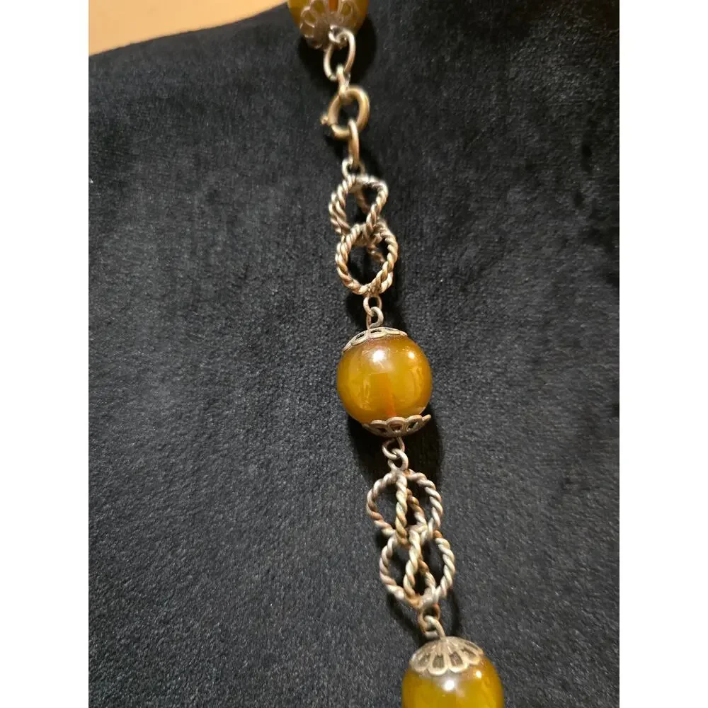 Women's Vintage Style Amber Color Bead Necklace Silver Tone Chain Round Beads